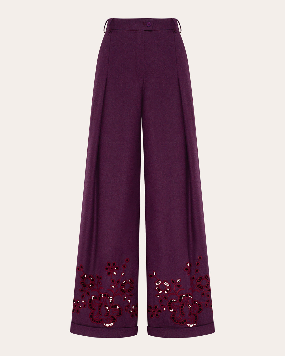 Burgundy Rose Embroidered Cutwork Wide-Leg Pants