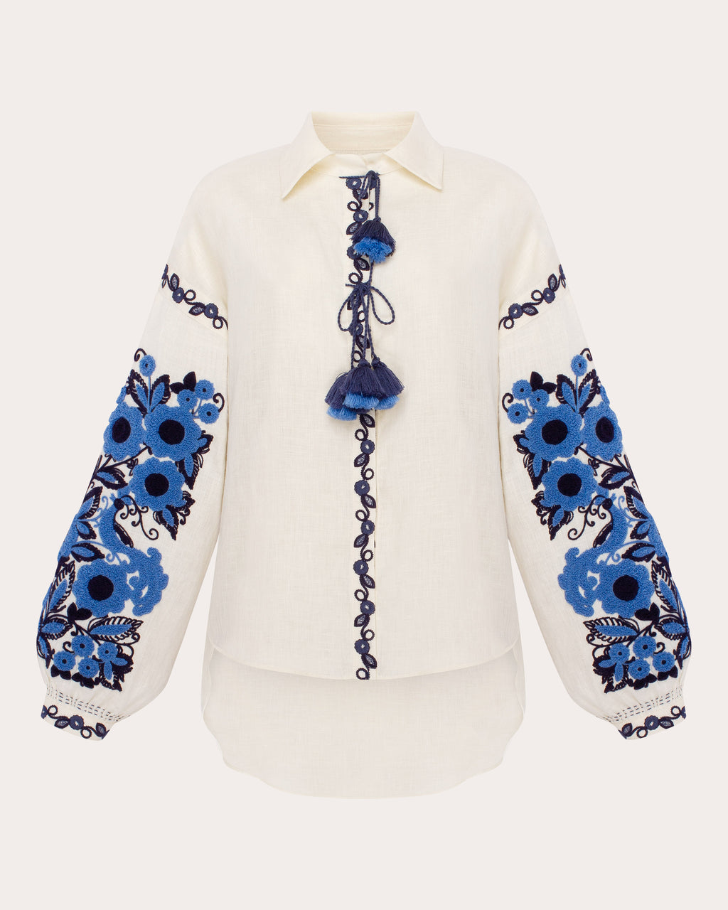 Column Bloom Embroidered Linen High-Low Blouse