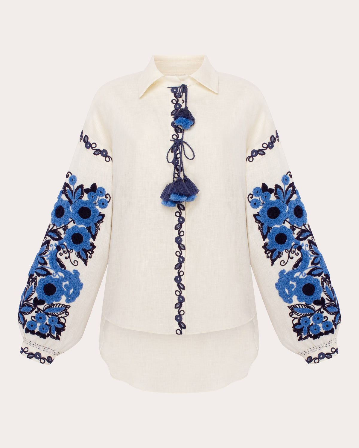 Column Bloom Embroidered Linen High-Low Blouse