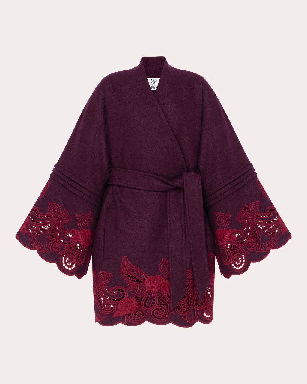 Winter Plum Embroidered Cutwork Wrap Coat