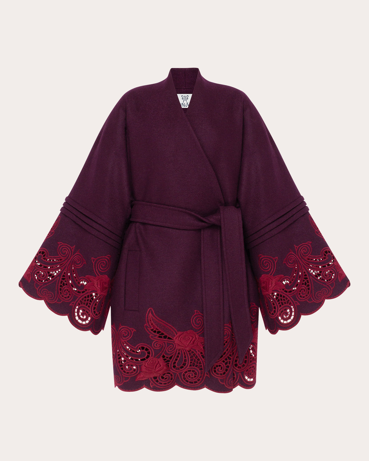 Winter Plum Embroidered Cutwork Wrap Coat