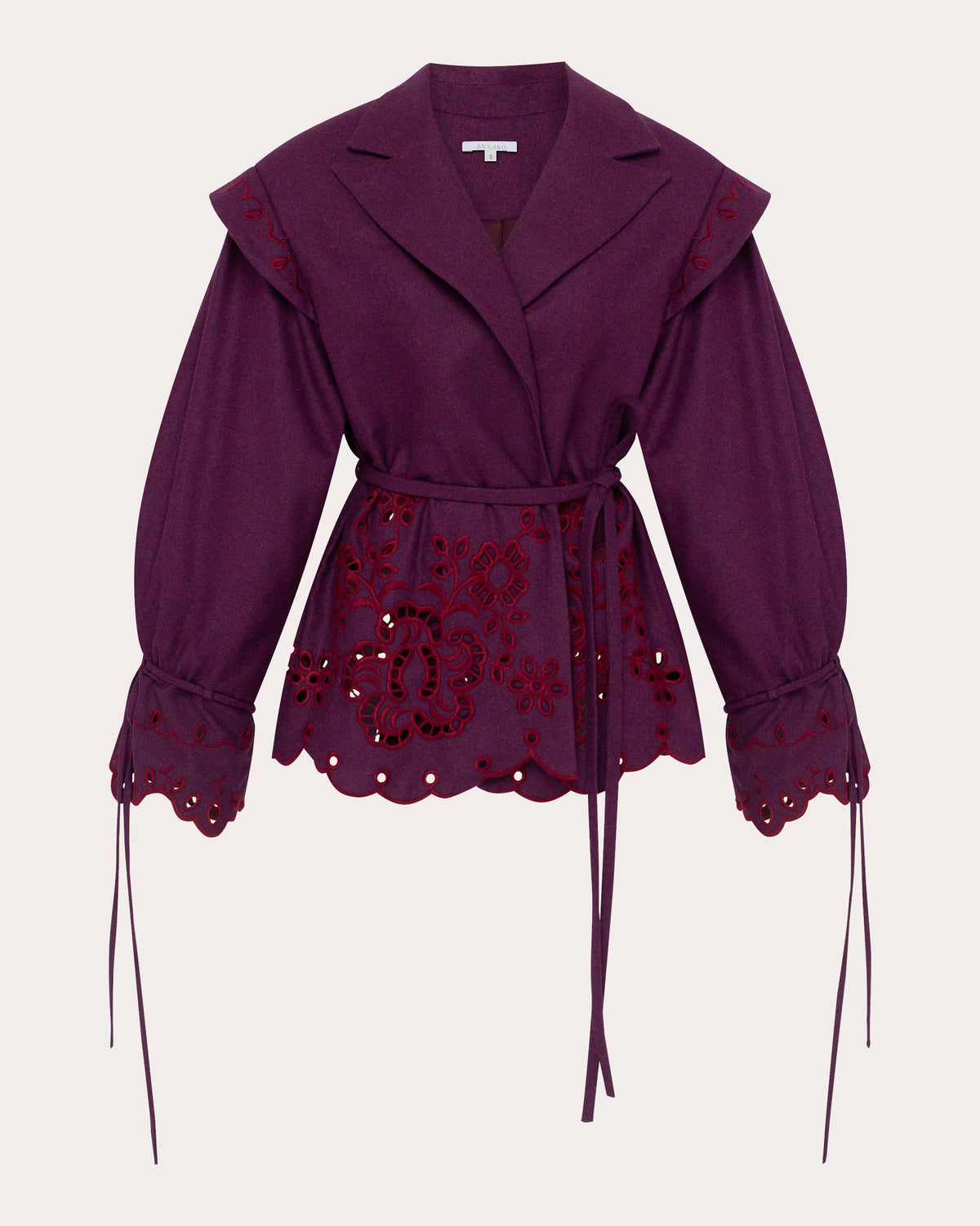 Burgundy Rose Embroidered Wool Peplum Jacket