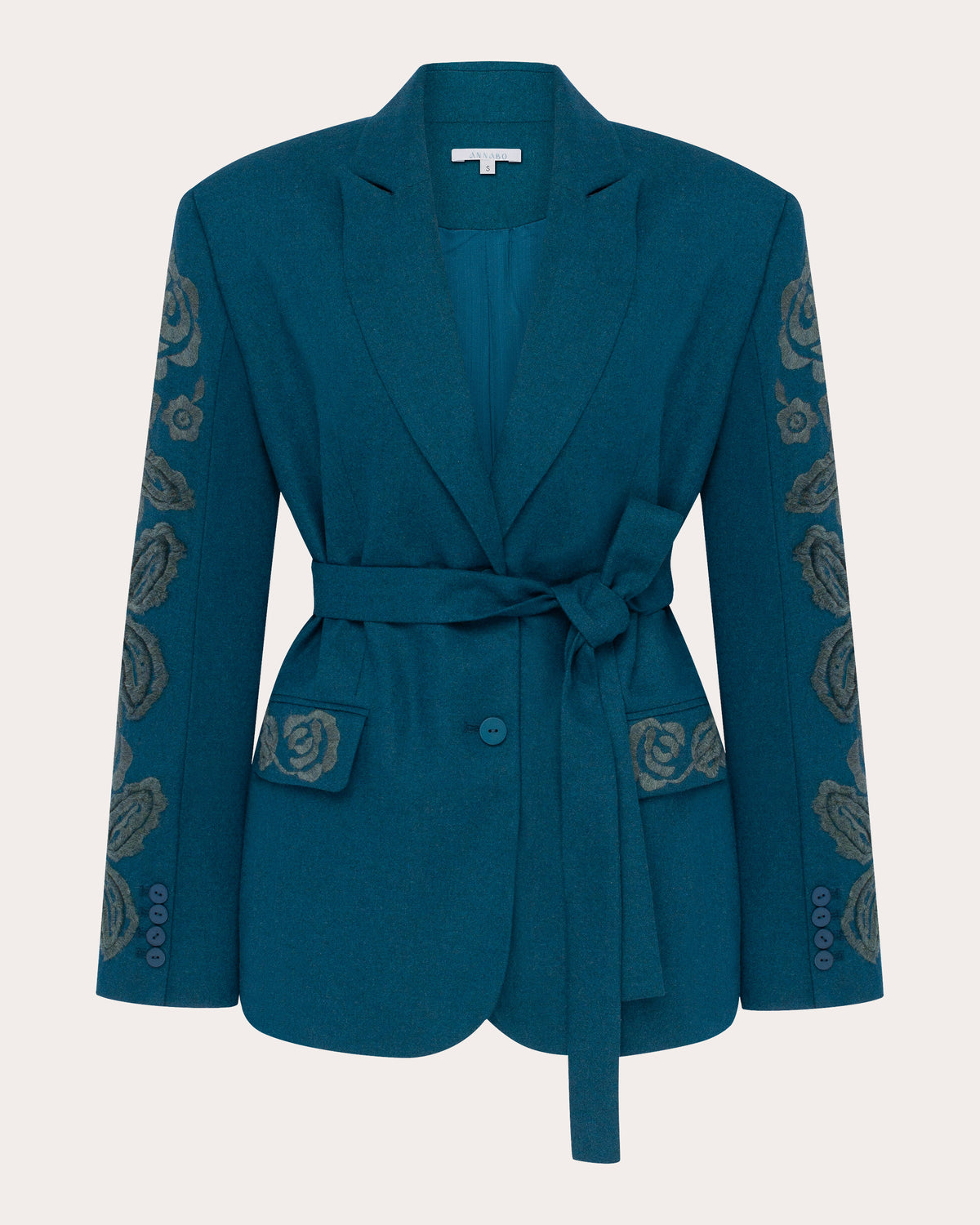 Velvet Rose Embroidered Wool Belted Blazer
