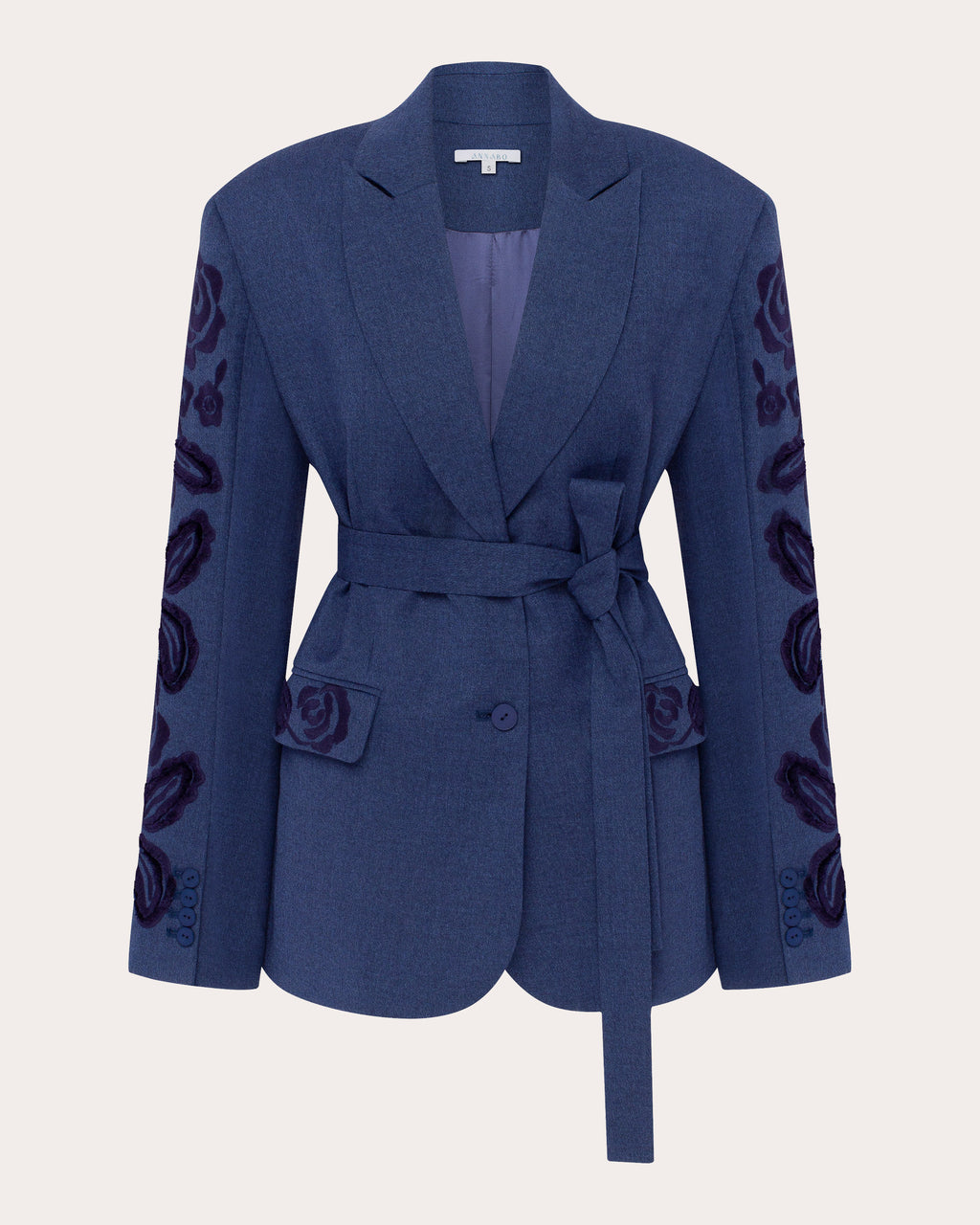Velvet Rose Embroidered Wool Belted Blazer