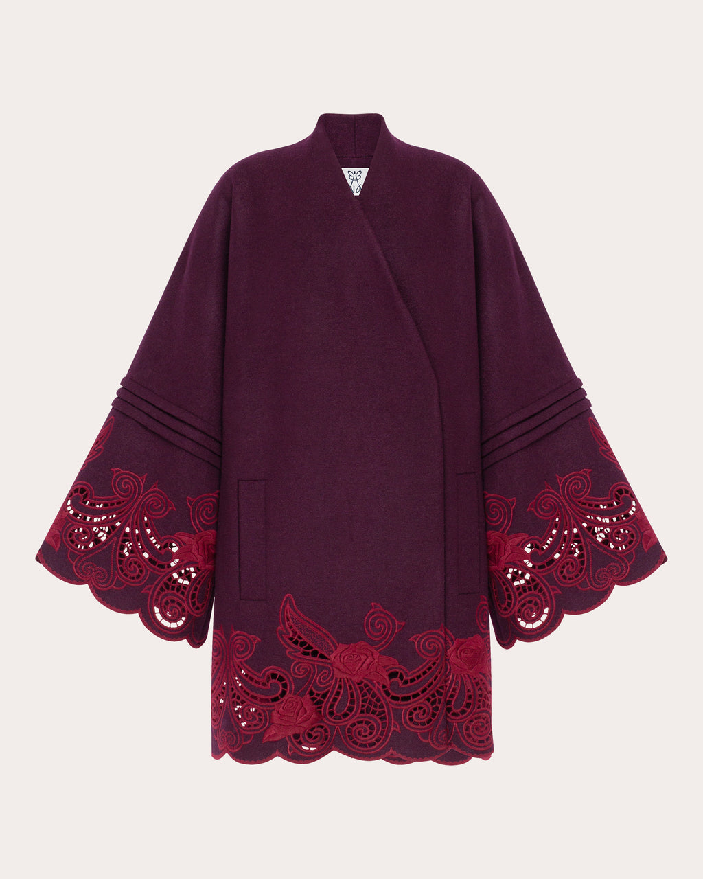 Winter Plum Embroidered Cutwork Wrap Coat