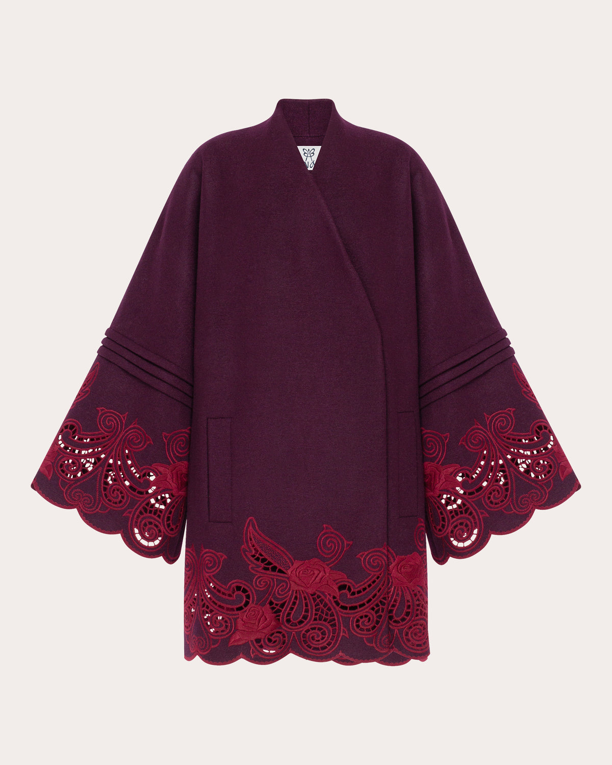 Winter Plum Embroidered Cutwork Wrap Coat