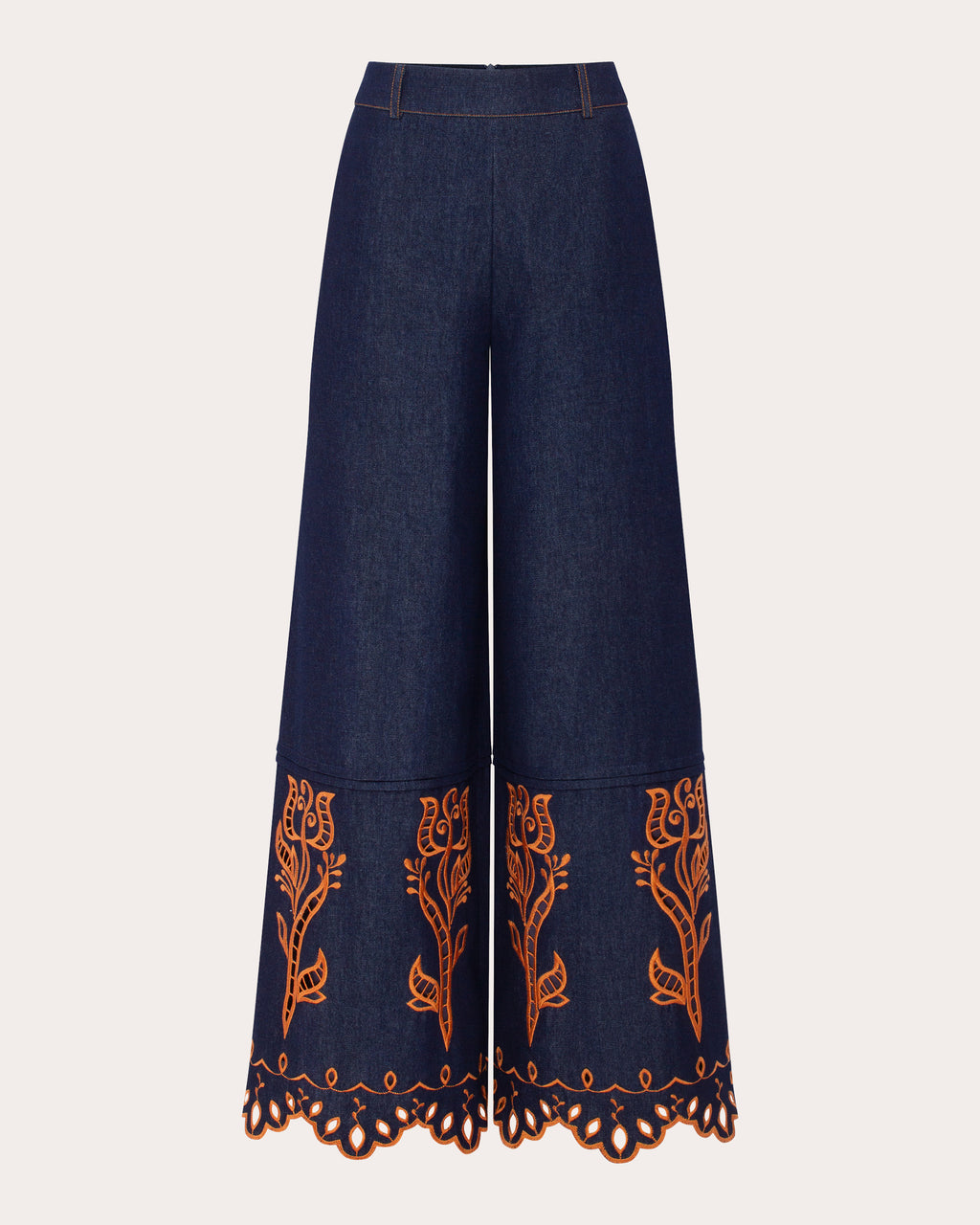 Velvet Rose Embroidered Denim Wide-Leg Pants