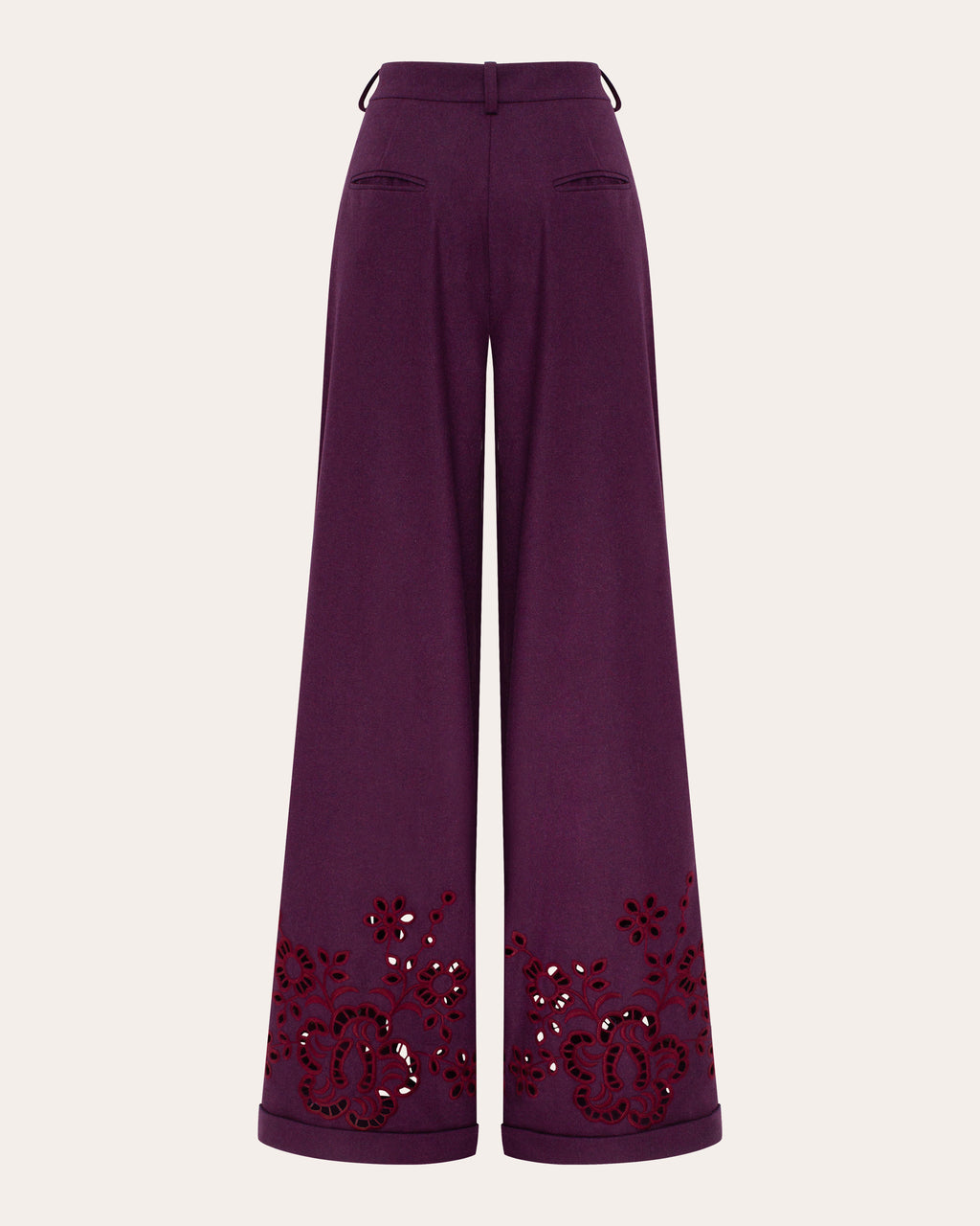Burgundy Rose Embroidered Cutwork Wide-Leg Pants