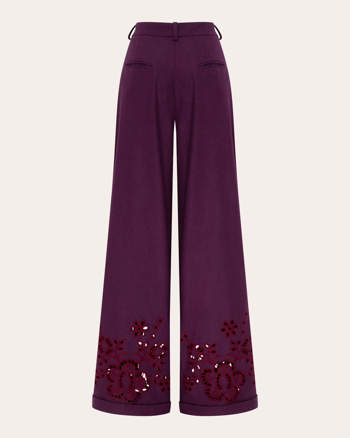 Burgundy Rose Embroidered Cutwork Wide-Leg Pants