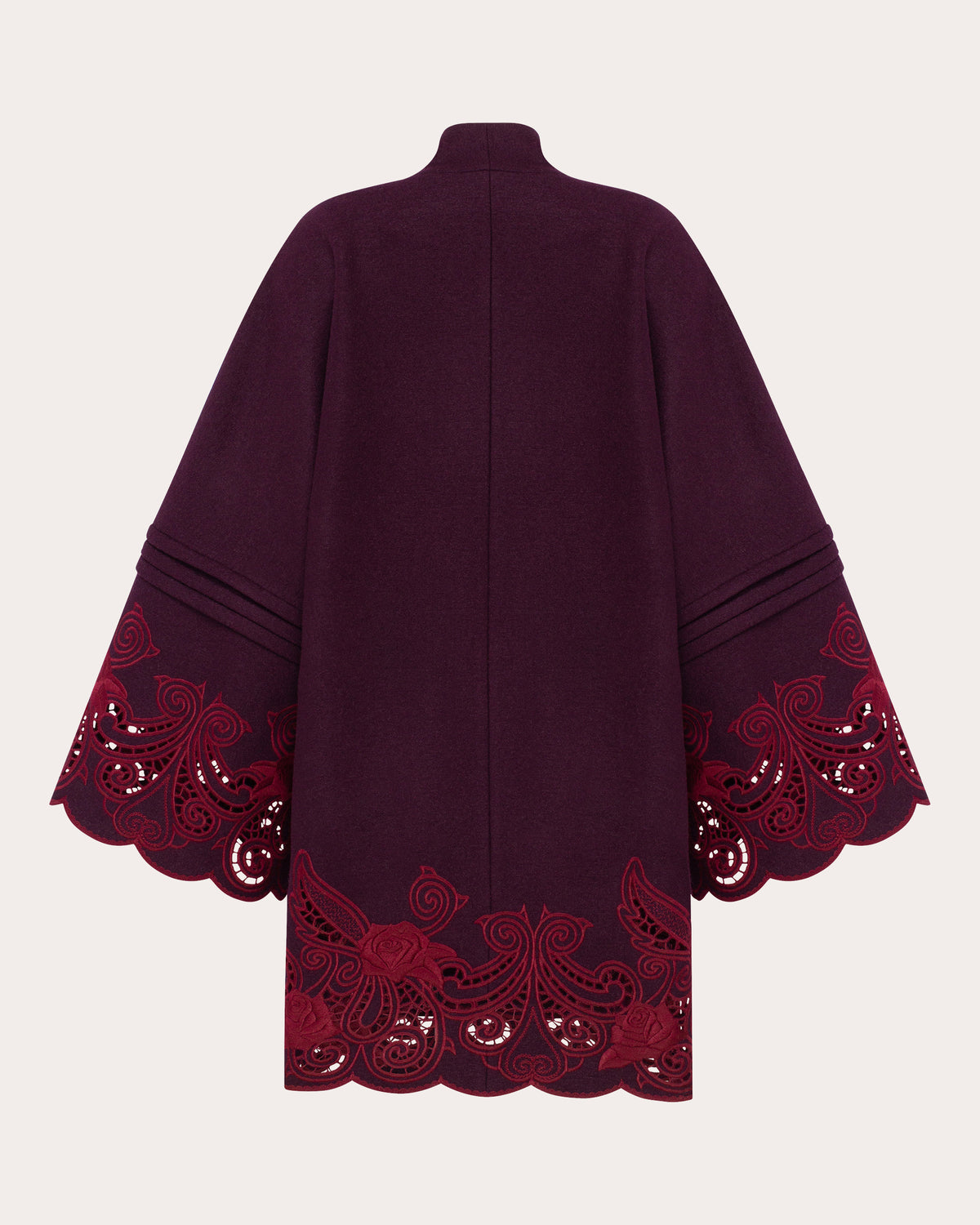 Winter Plum Embroidered Cutwork Wrap Coat
