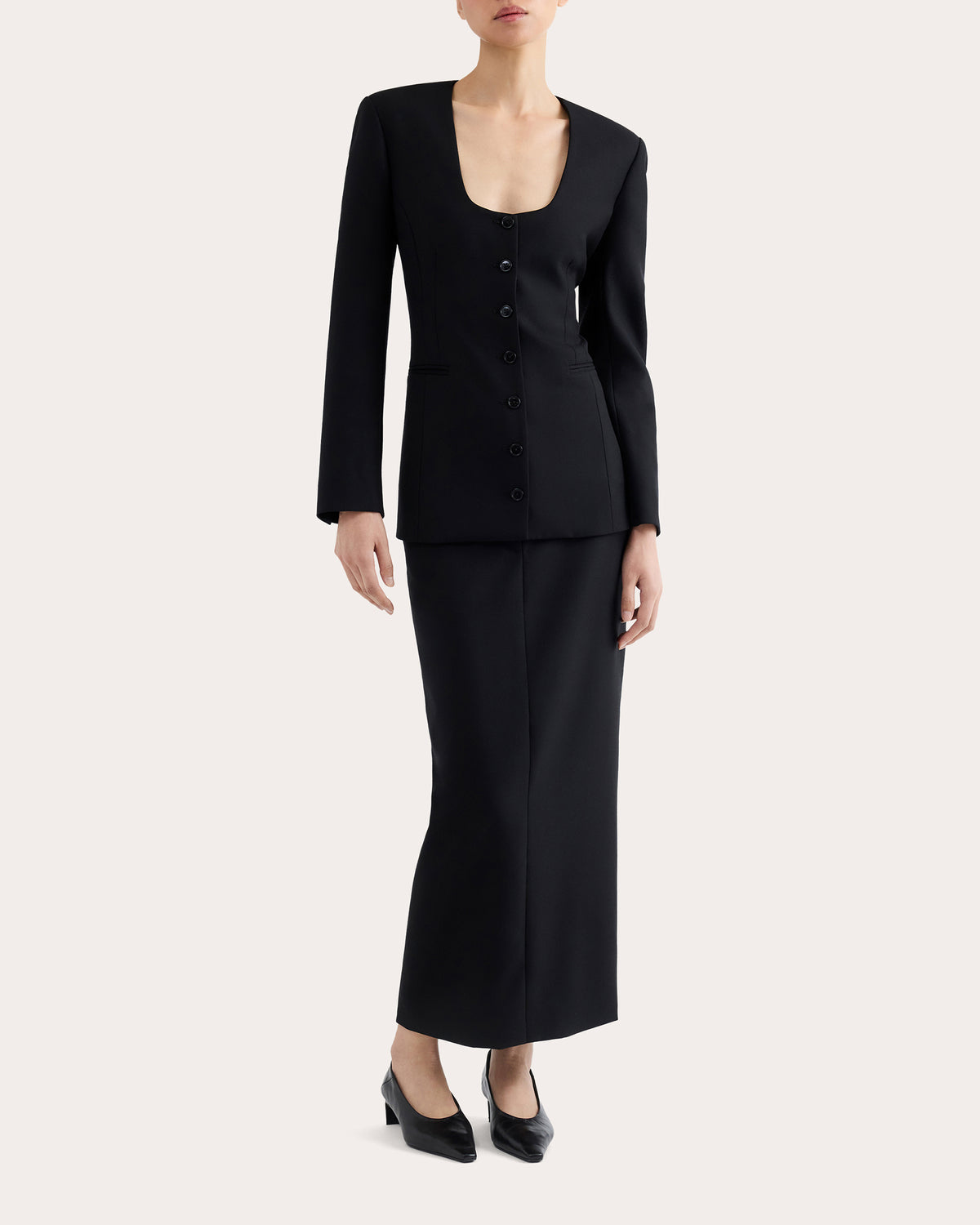 Textured Wool Scoop Neck Blazer