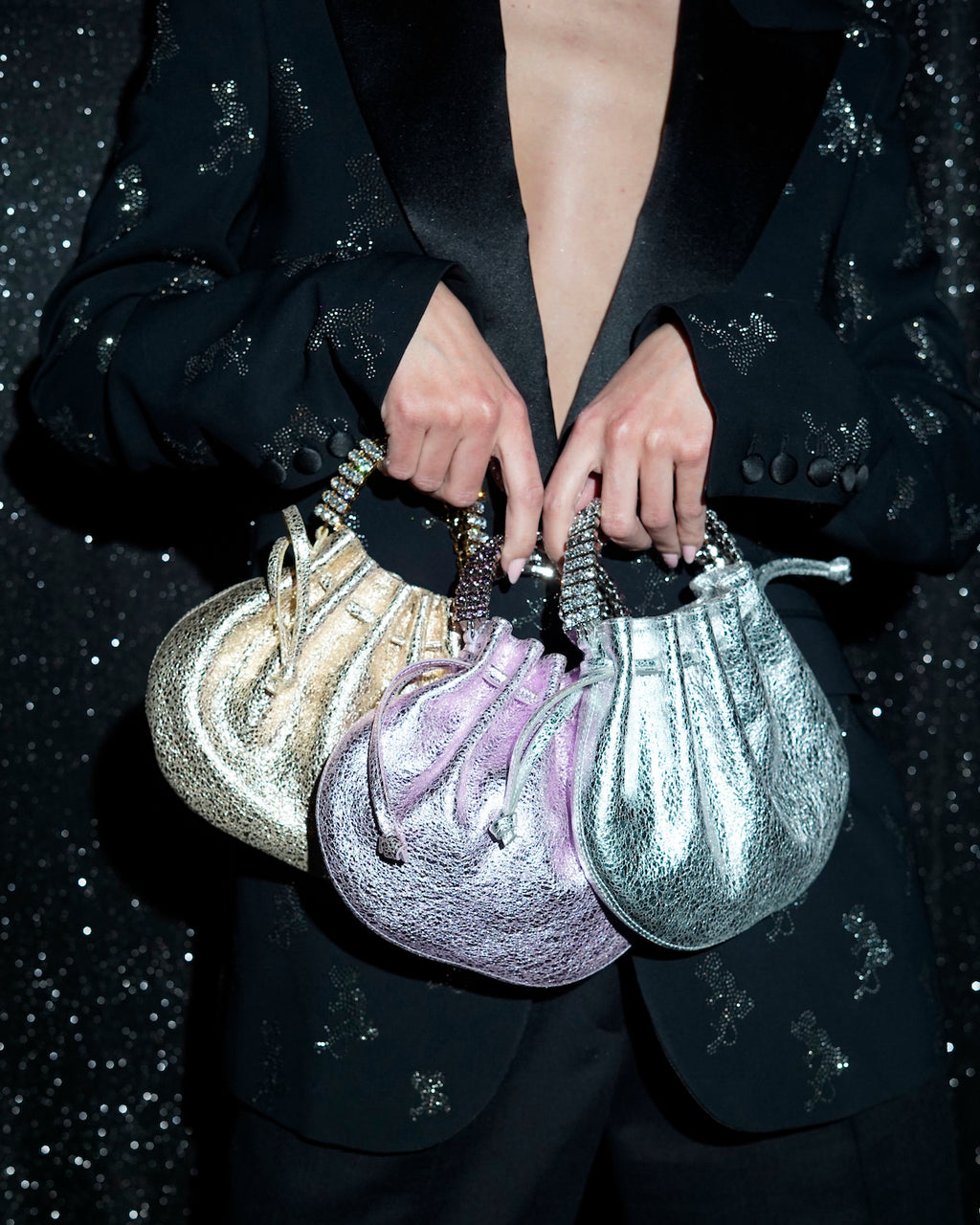 Ayla Crystal-Embellished Metallic Crackled-Leather Tote