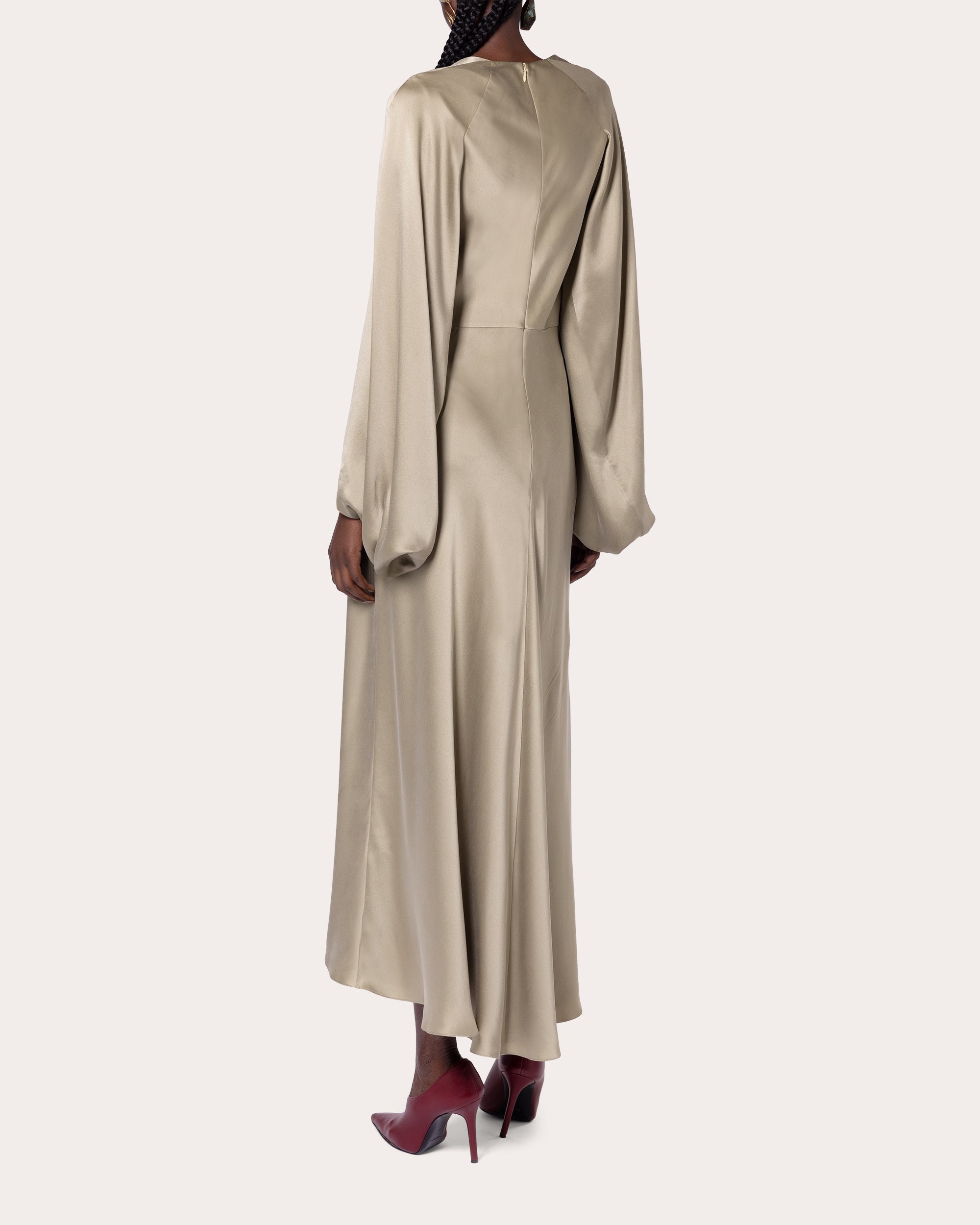 midi silk dress sleeves Silk Billowy Sleeve Midi Wrap Dress