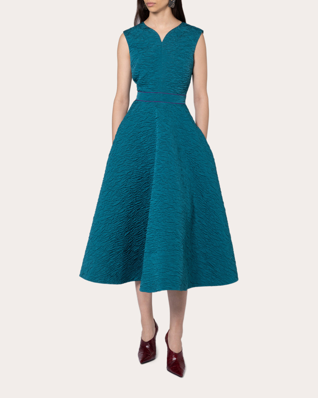 Ridha Cloque Notched Fit & Flare Midi Dress | Olivela Ridha Cloque Notched Fit & Flare Midi Dress | Olivela