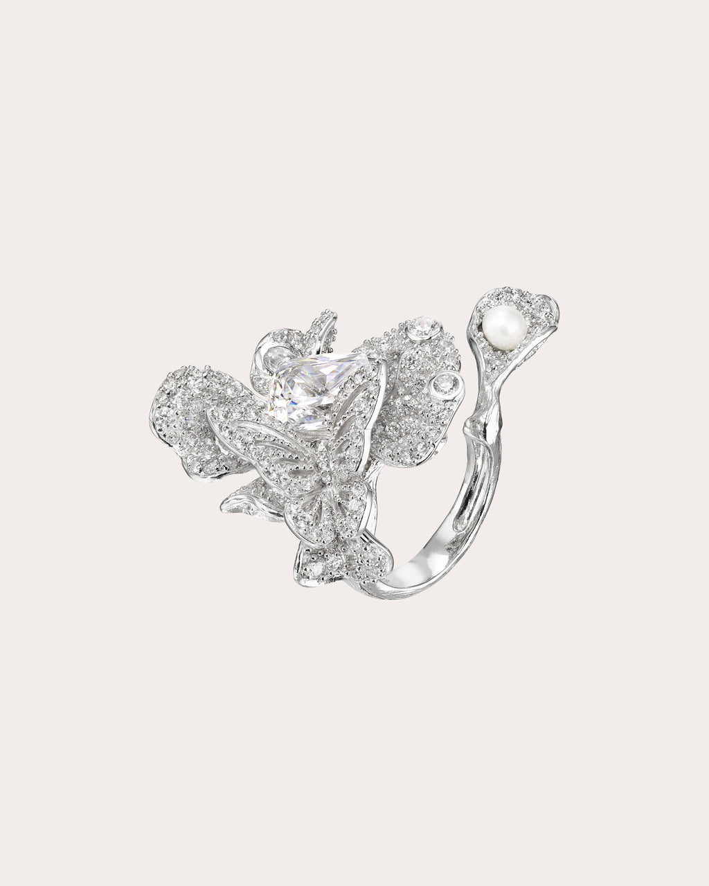 Diamond & Pearl Peony Butterfly Ring