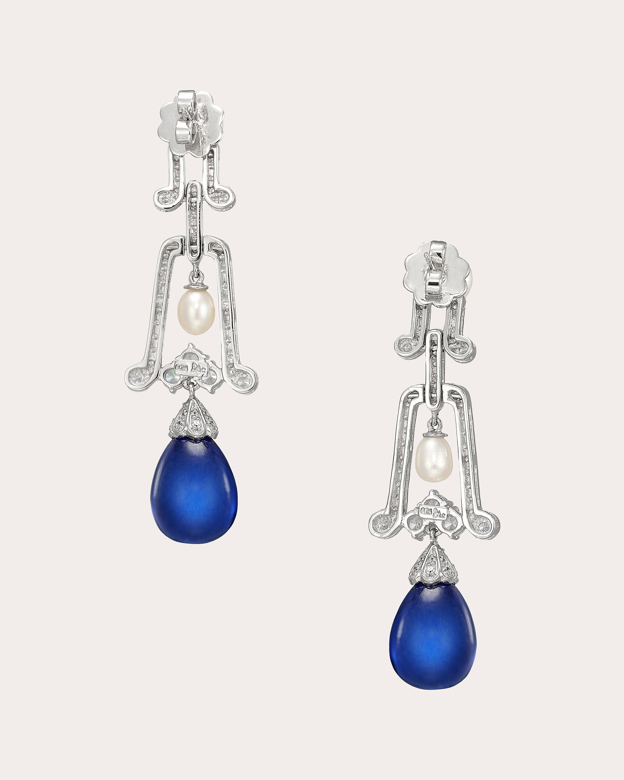 Diamond & Royal Sapphire Cabochon Moderne Drop Earrings