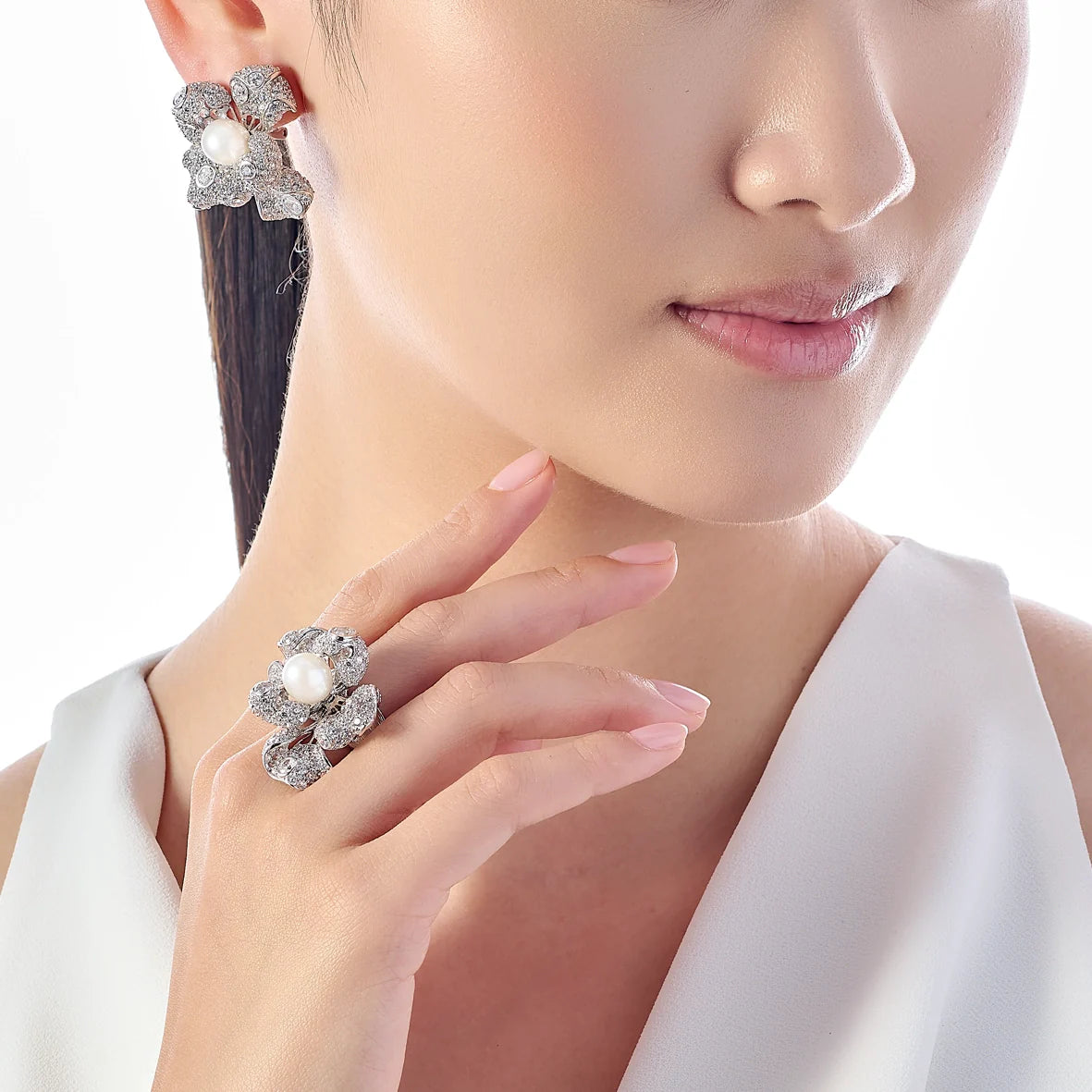 Diamond & Cultured Pearl Blossom Stud Earrings