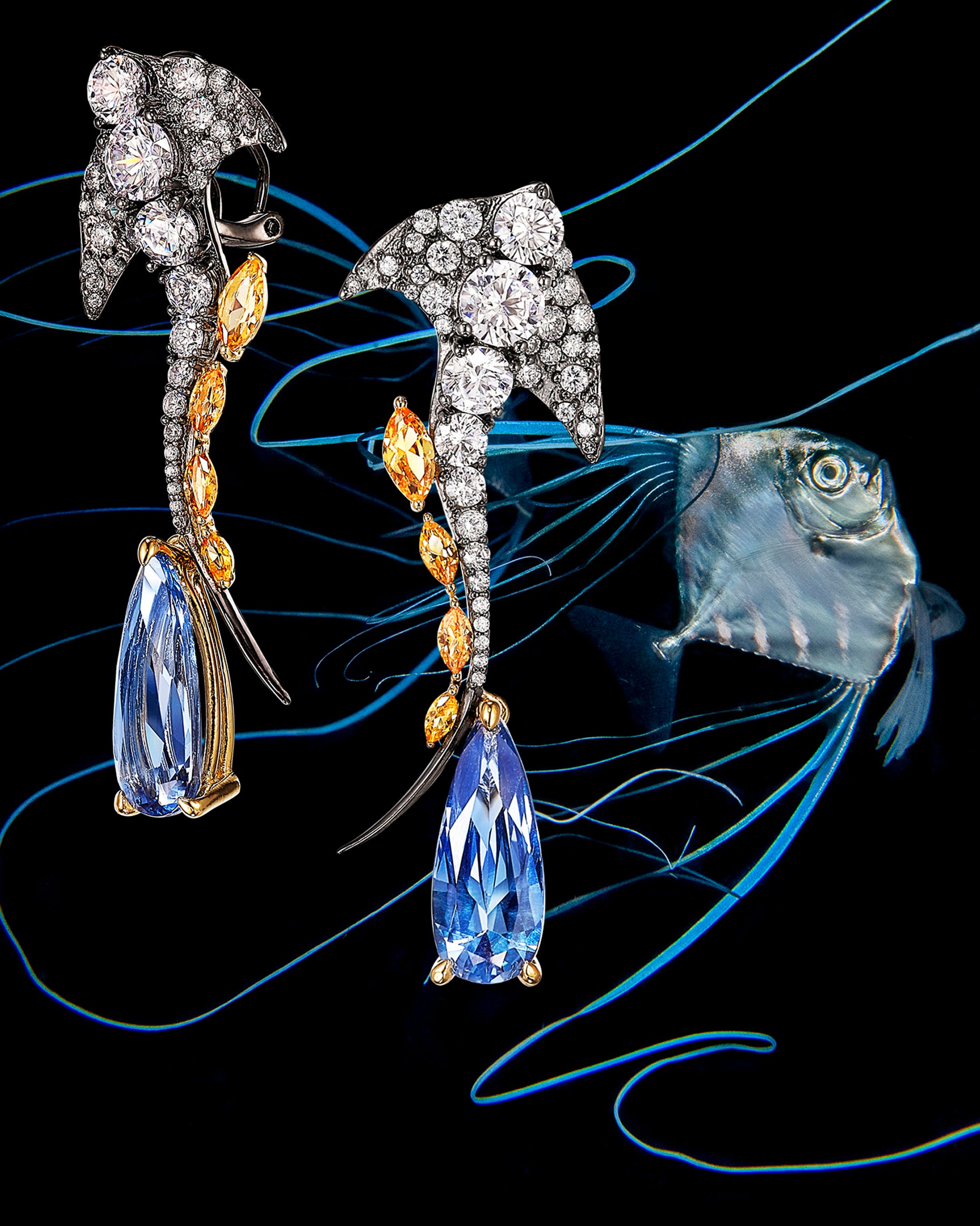 Diamond & Blue Spinel Aqua Ray Drop Earrings
