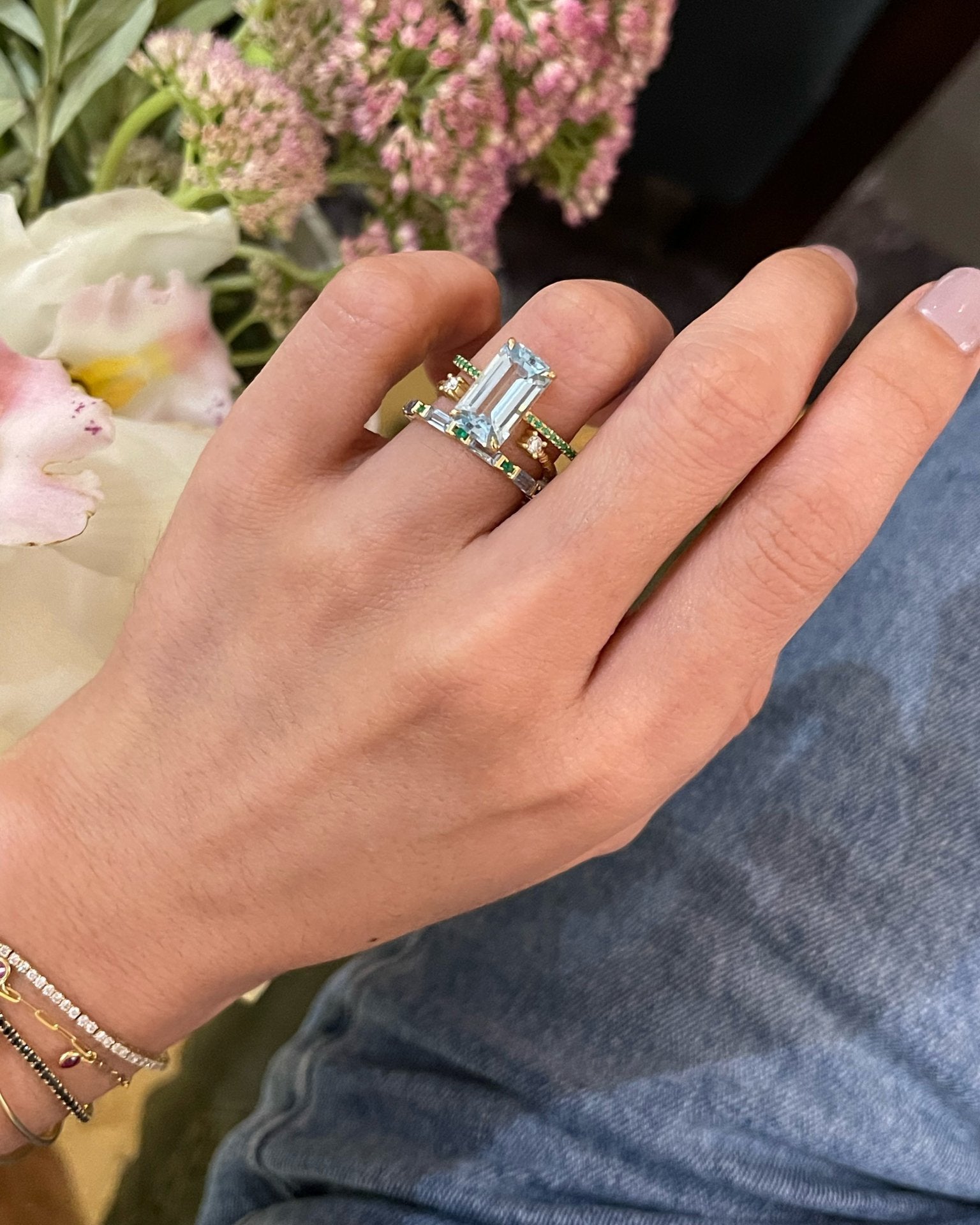 Aquamarine & Emerald 18k Gold Spring Ring