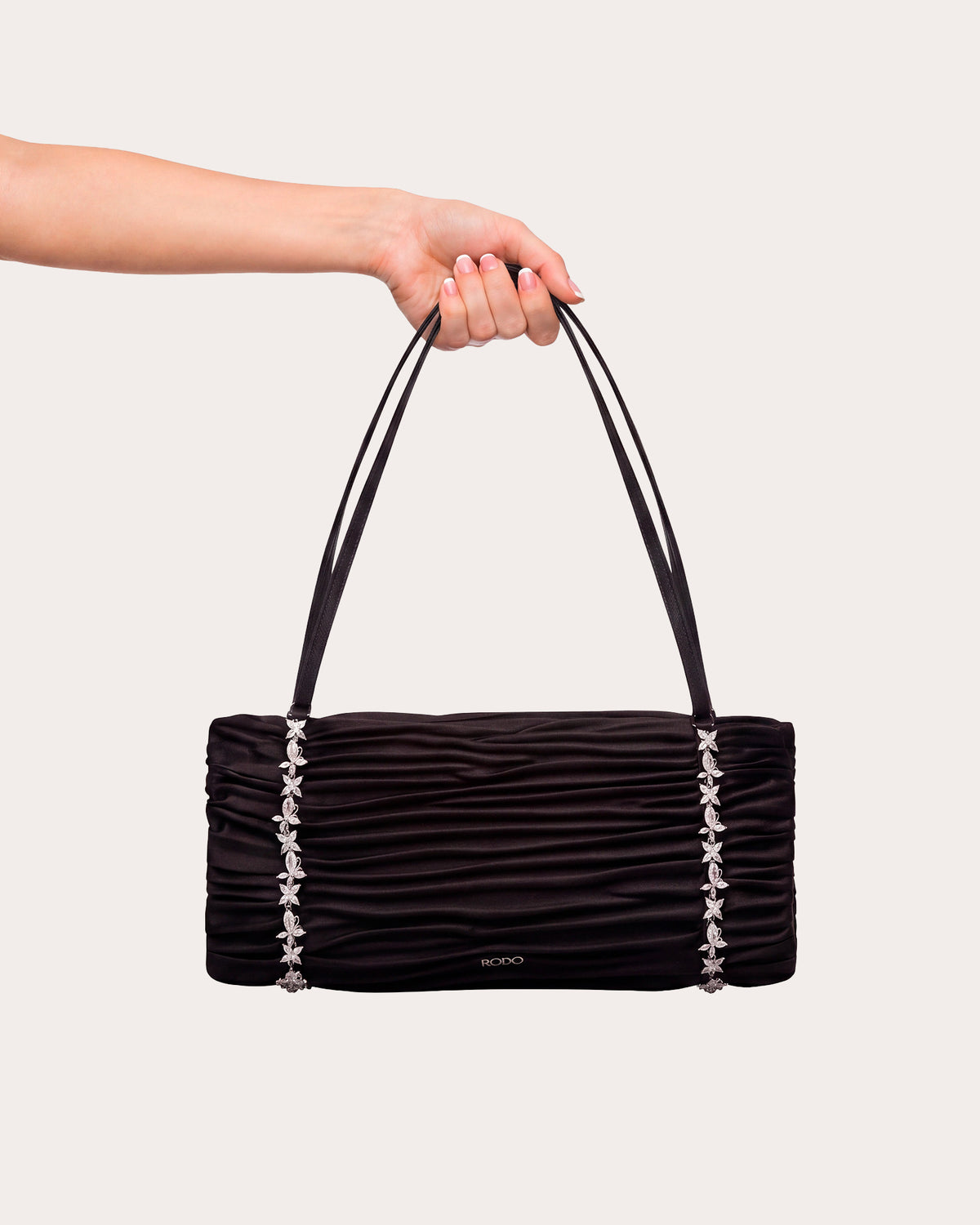 Sue Pleated Satin Crystal Shoulder Bag