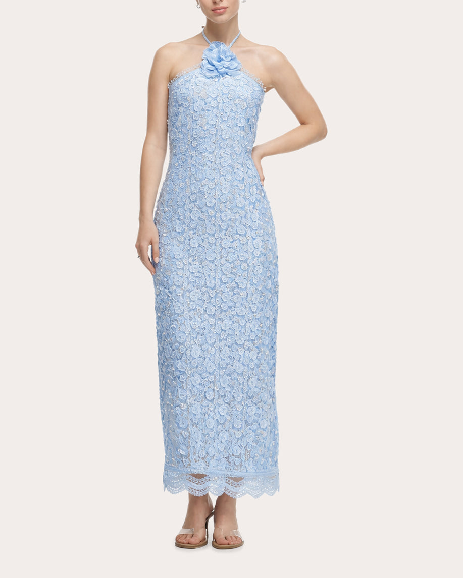 Beso de Luna Floral Sequin Halter Maxi Dress