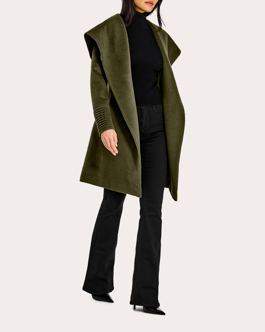 Alpaca Wool Mid-Length Hooded Wrap Coat