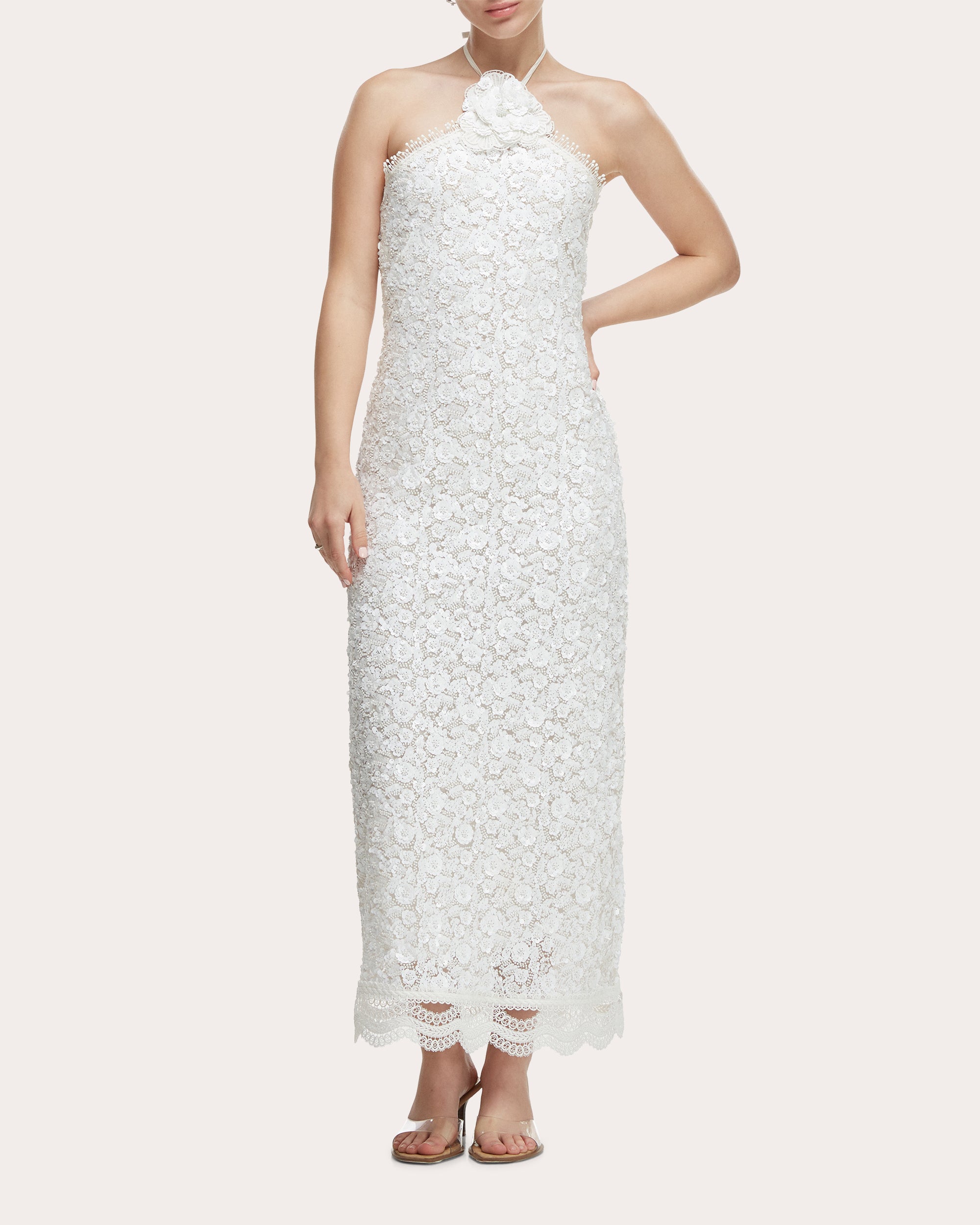 Beso de Luna Floral Sequin Halter Maxi Dress