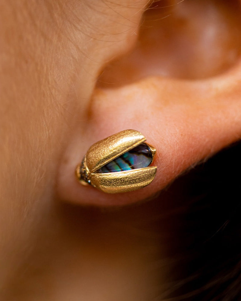 Abalone & White Quartz Mini Scarab Fly Wing Stud Earring