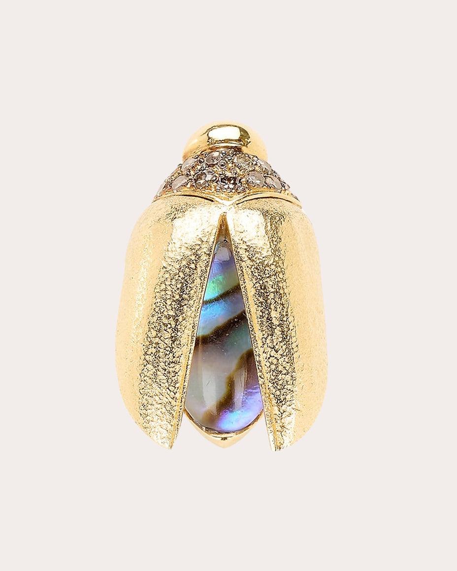 Abalone & White Quartz Mini Scarab Fly Wing Stud Earring