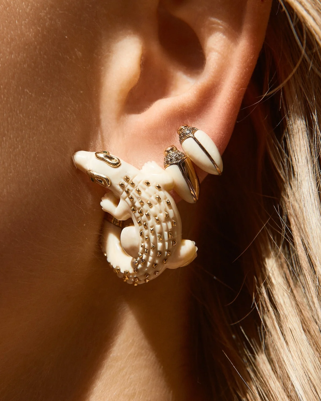 Brown Diamond & Mammoth Tusk Mini Scarab Stud Earrings