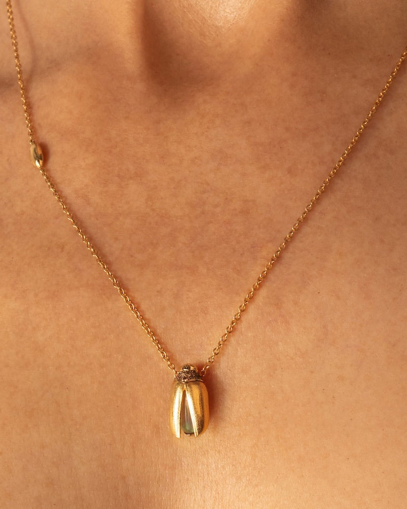 Opal & Diamond Scarab Fly Wings Pendant Necklace