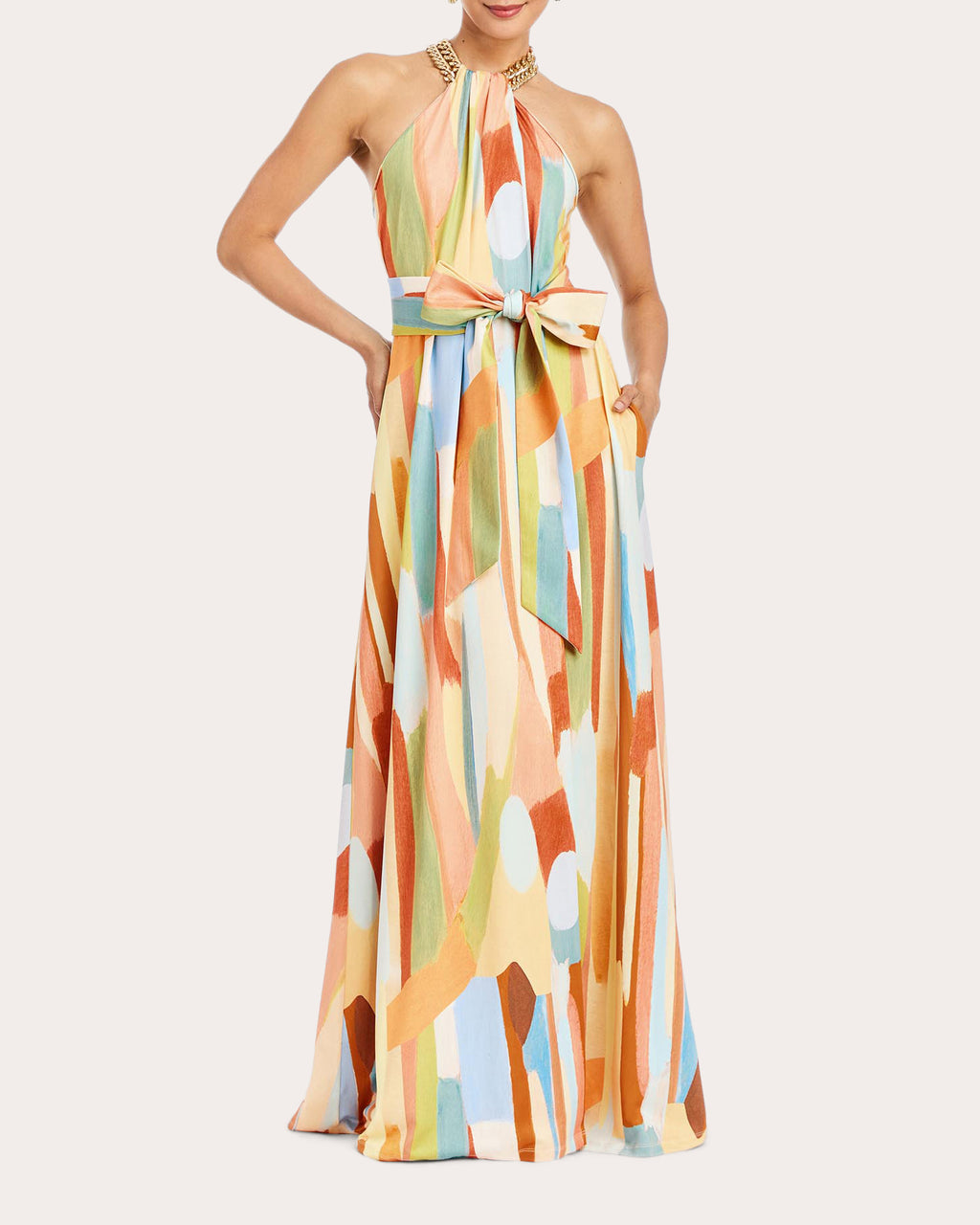 Bijou Abstract Twill Chain Halter Gown