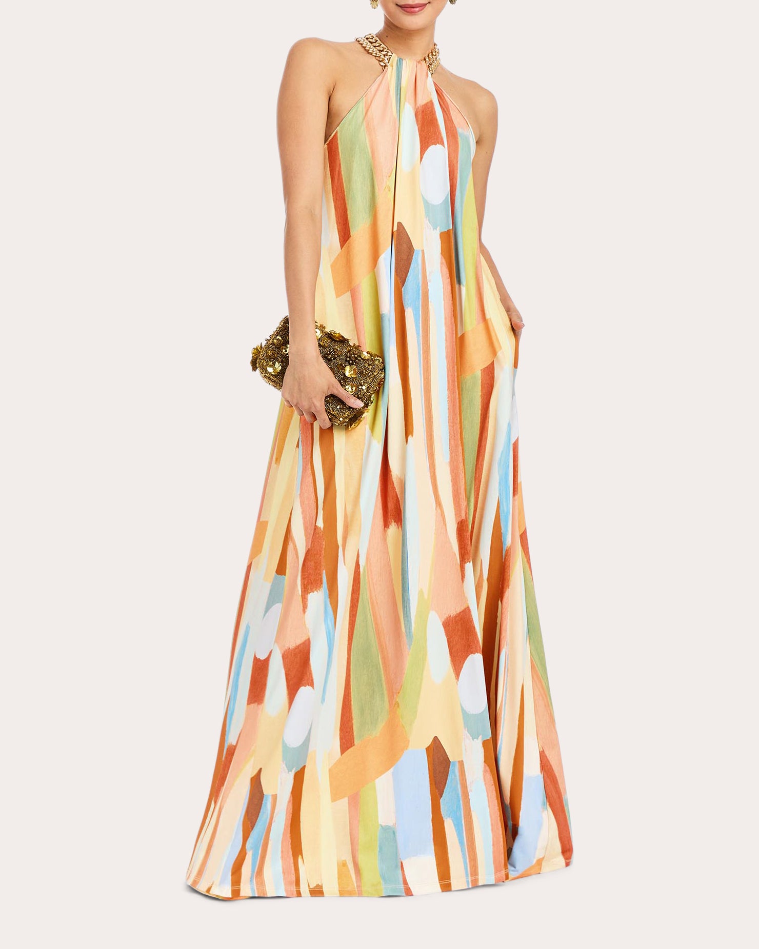 Bijou Abstract Twill Chain Halter Gown