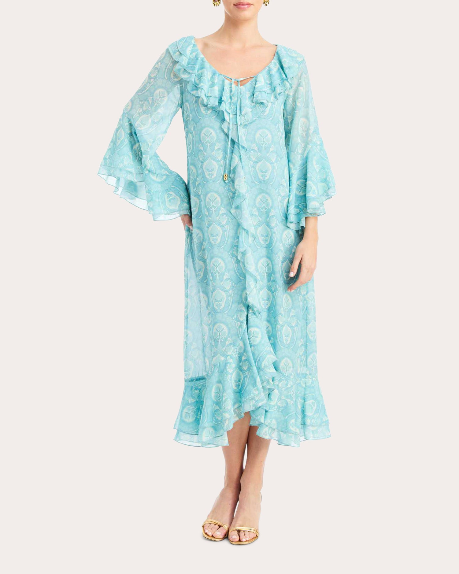 Mestiza Women's Bimini Trellis Chiffon Ruffle Kaftan Midi Dress in Blue Size Large | Polyester/Spandex Mestiza Women's Bimini Trellis Chiffon Ruffle Kaftan Midi Dress in Blue Size Large | Polyester/Spandex