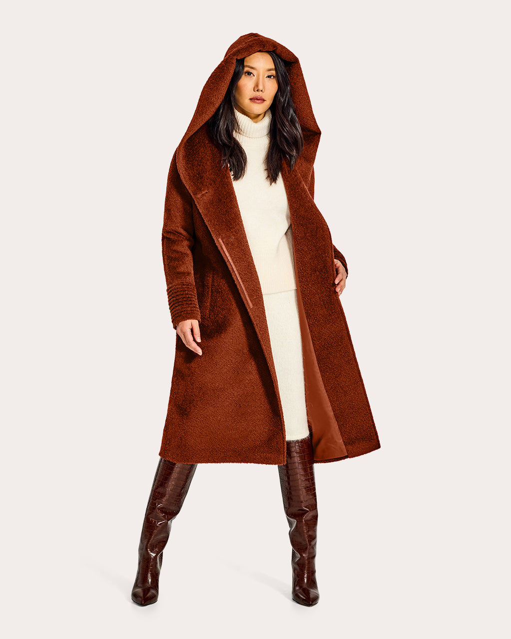 Bouclé Alpaca Long Hooded Coat