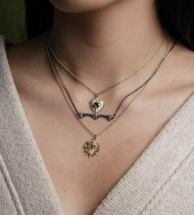 Purple Garnet & Diamond Radiating Heart Pendant Necklace