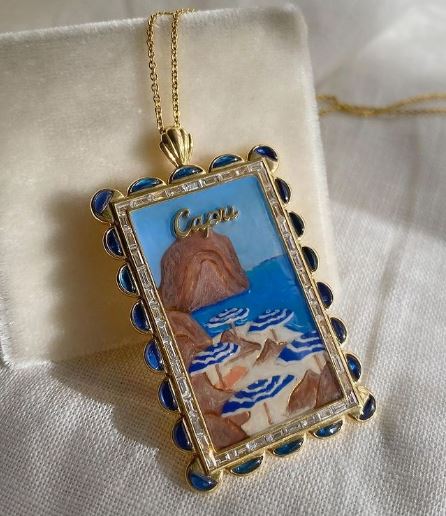 Capri Postcard 18K Gold Enamel and Diamond Pendant
