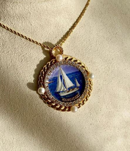 Nantucket Postcard 18K Gold Enamel Pearl and Diamond Pendant