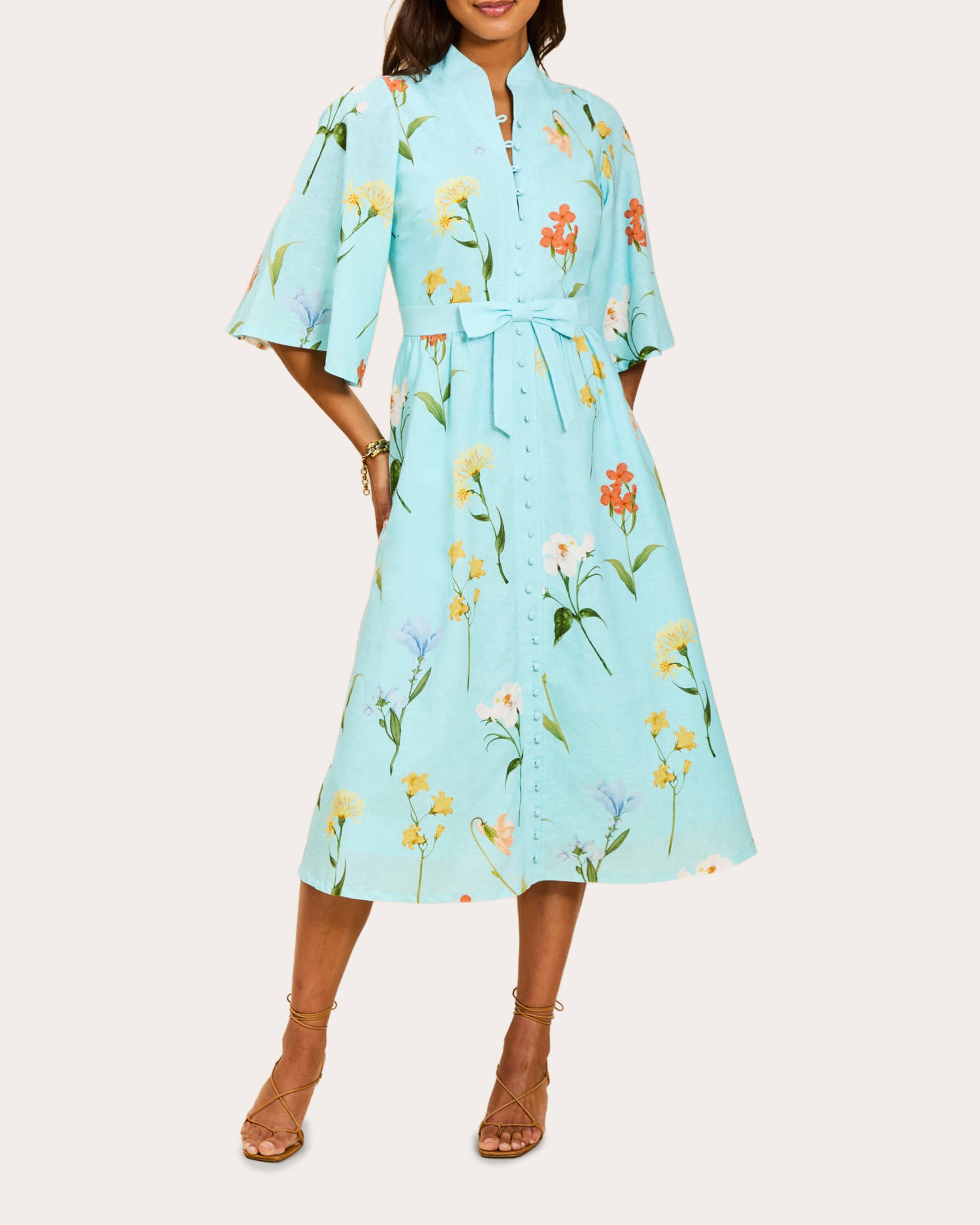 Carmen Floral Linen Button-Front Midi Dress