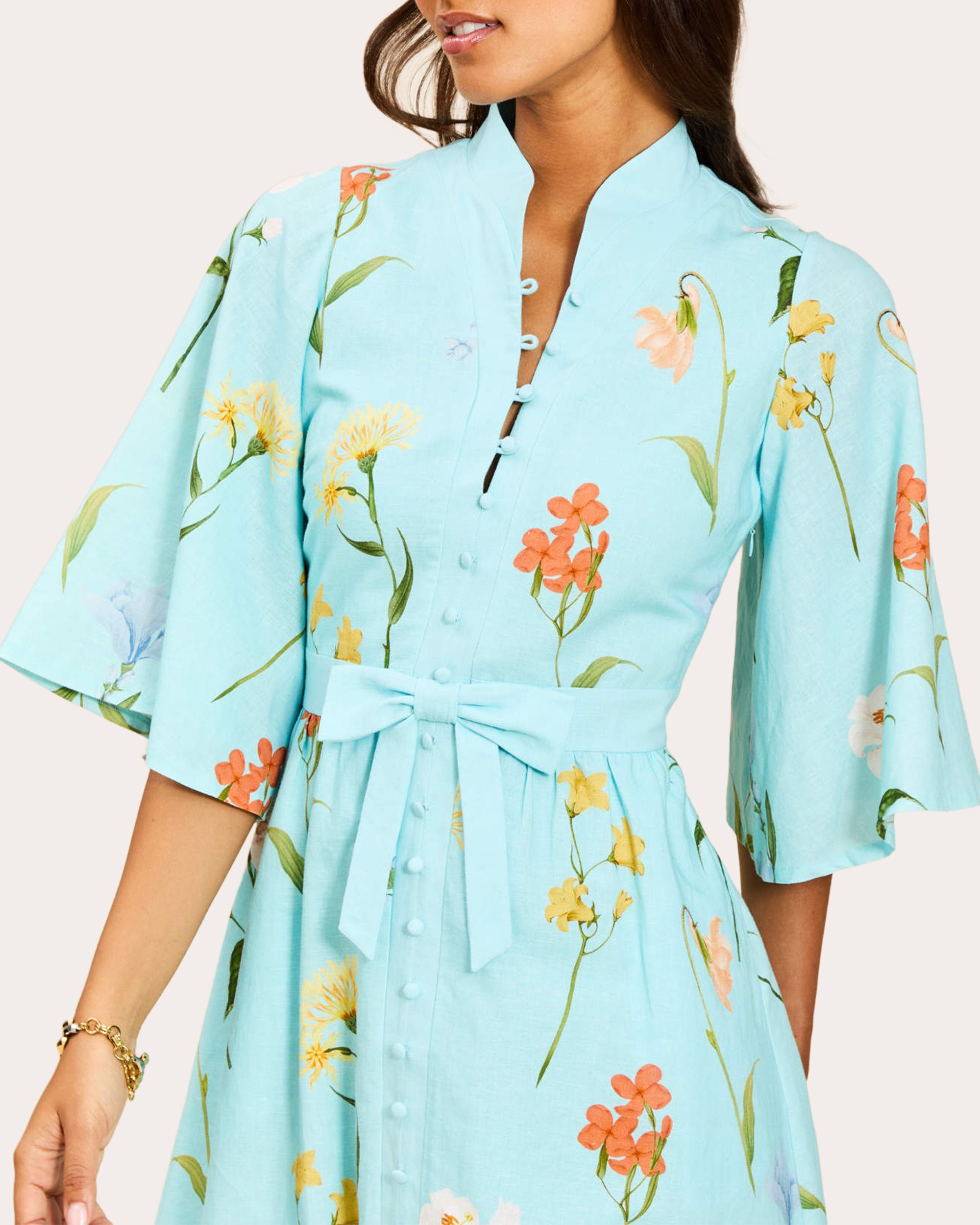 Carmen Floral Linen Button-Front Midi Dress