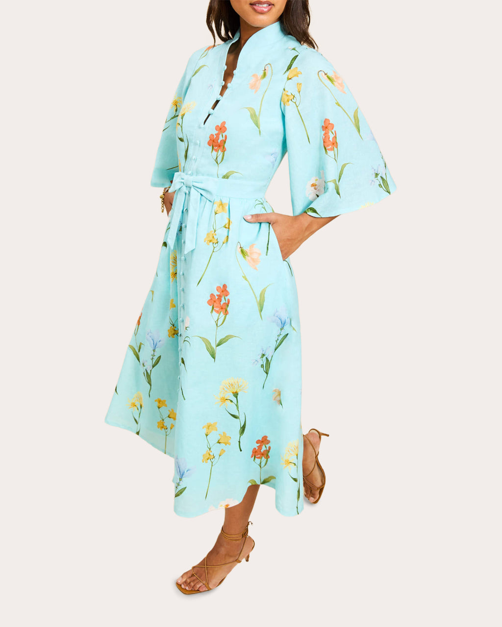 Carmen Floral Linen Button-Front Midi Dress