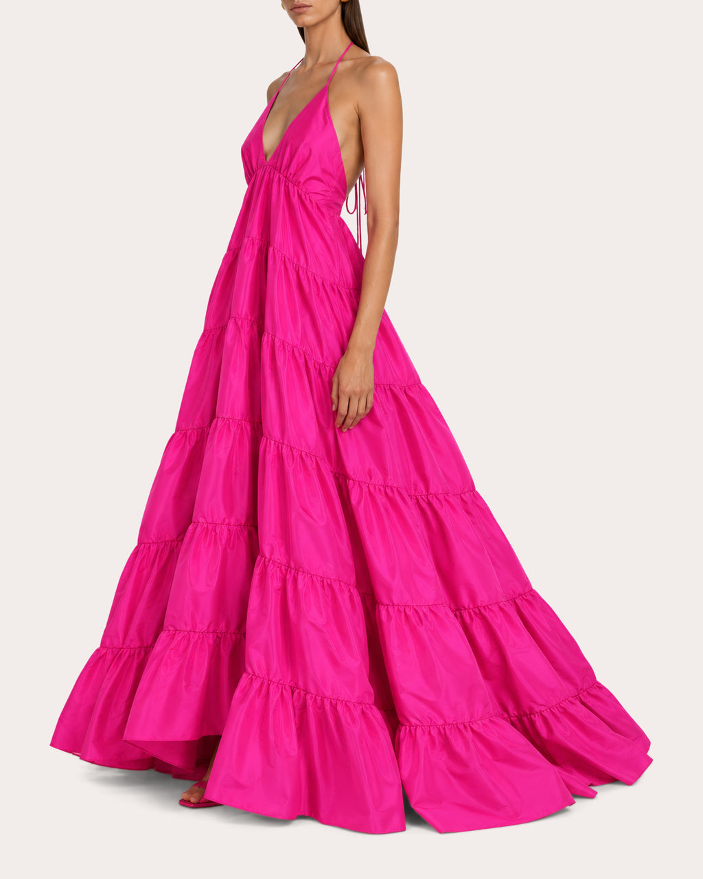 Olesia Taffeta Tiered V-Neck Halter Gown