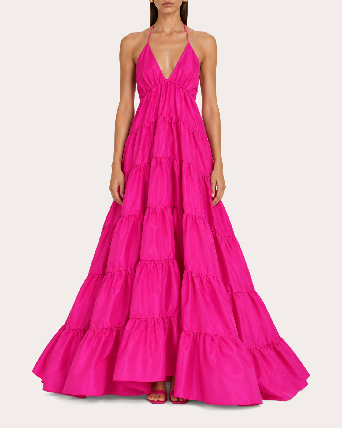 Olesia Taffeta Tiered V-Neck Halter Gown