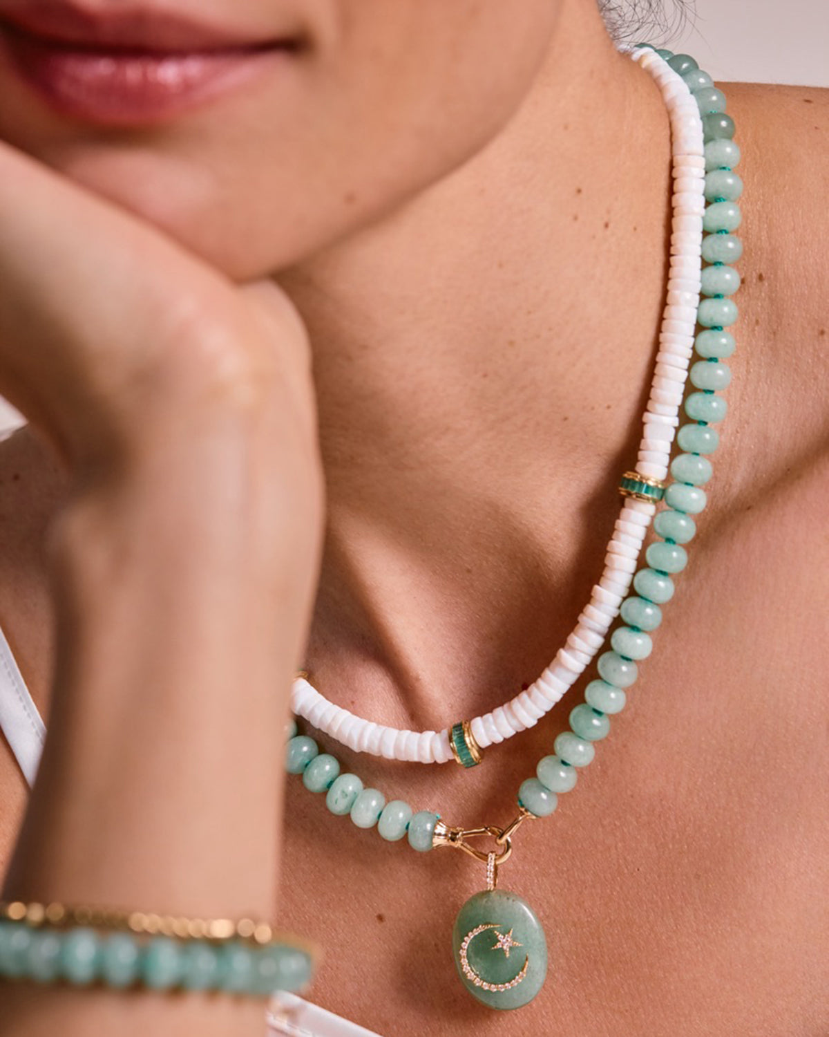 White Opal & Emerald Heishi Bead Necklace