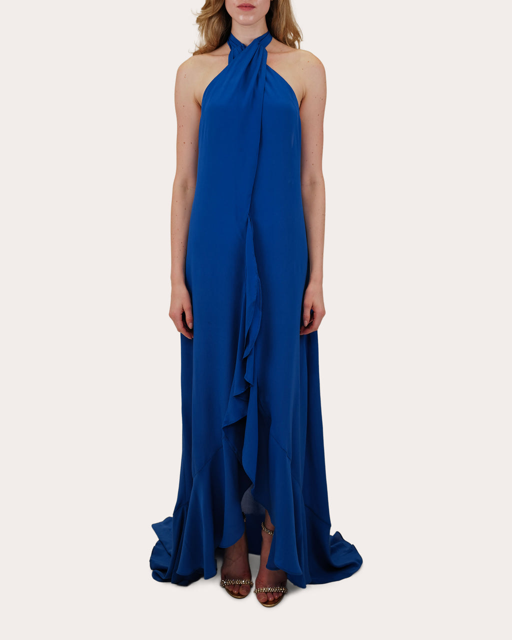 Bari Crepe de Chine Ruffle Halter Gown