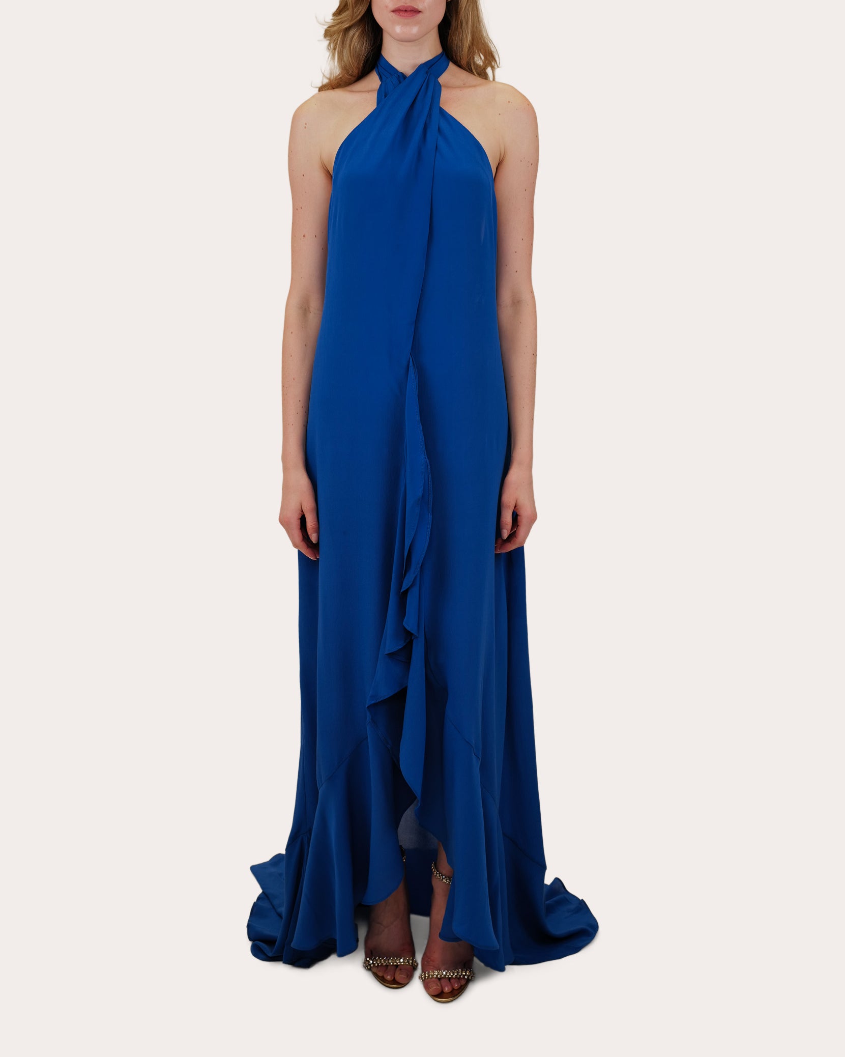 Bari Crepe de Chine Ruffle Halter Gown