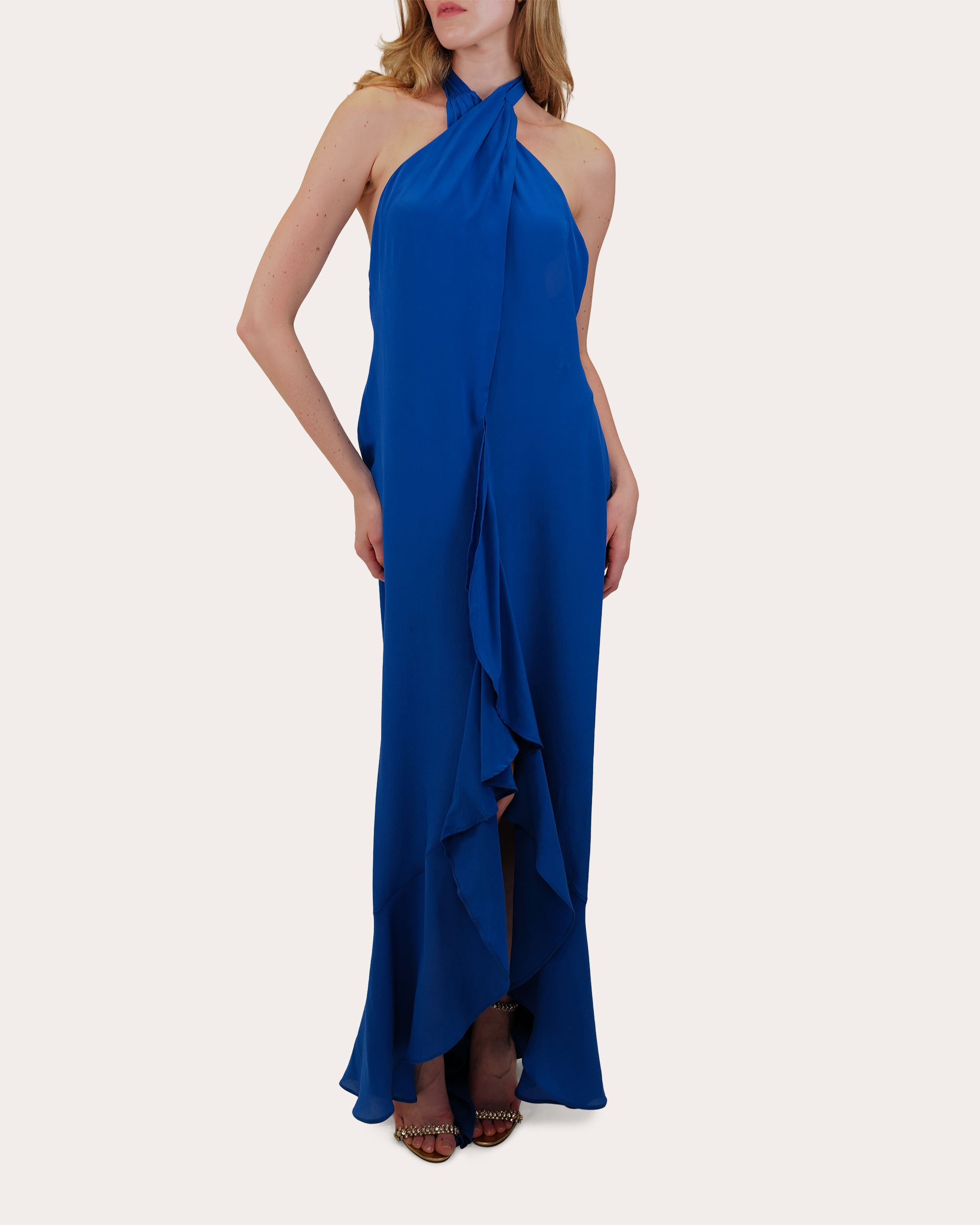 Bari Crepe de Chine Ruffle Halter Gown