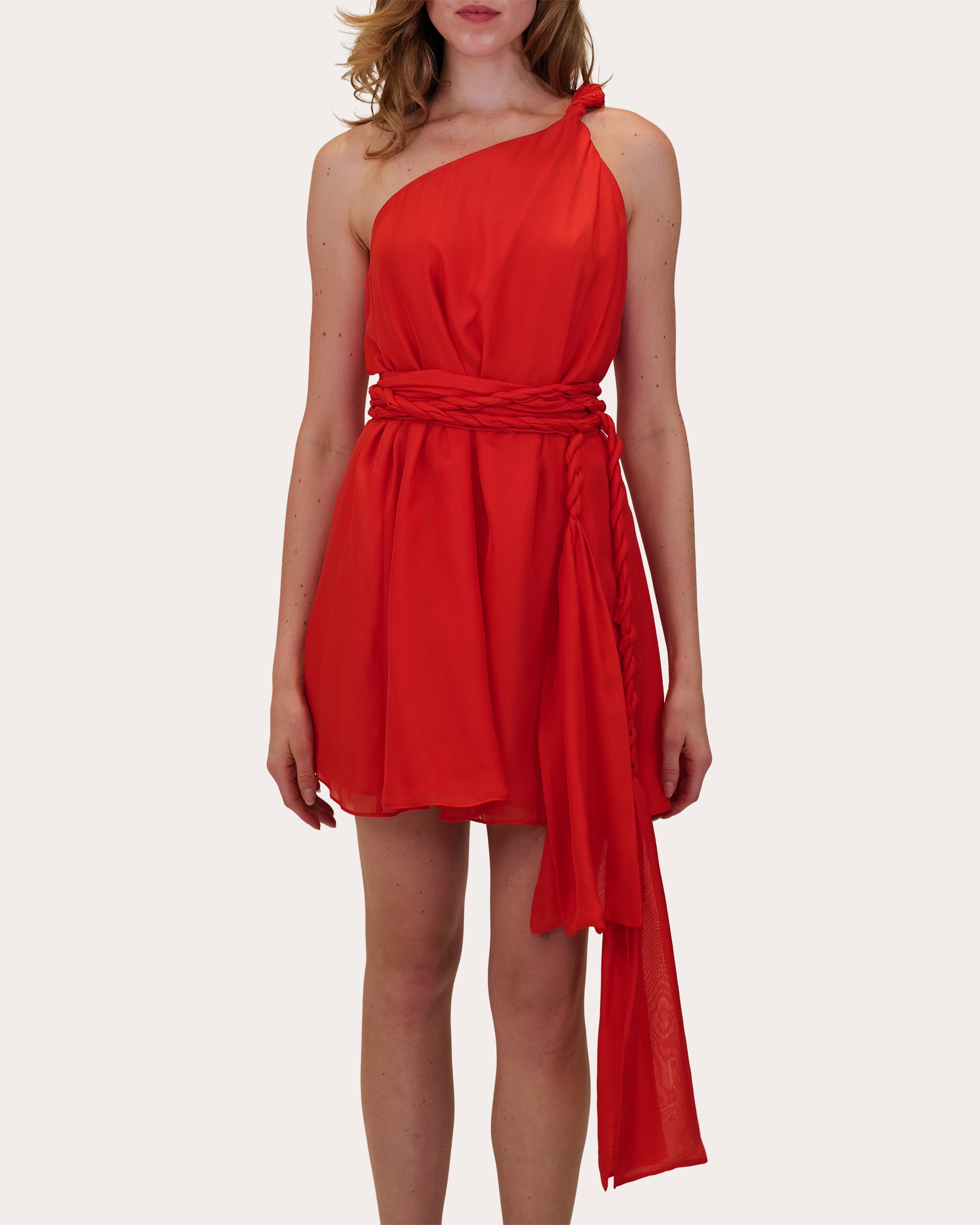 fitted lace wedding dress Take It In Red Chiffon Mini Dress With Corsage & Ruffle – Club L London main image 0