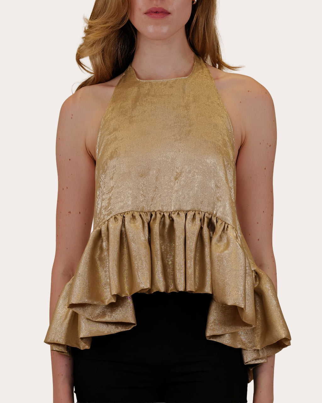 Winston Metallic Lamé Ruffle Halter Top