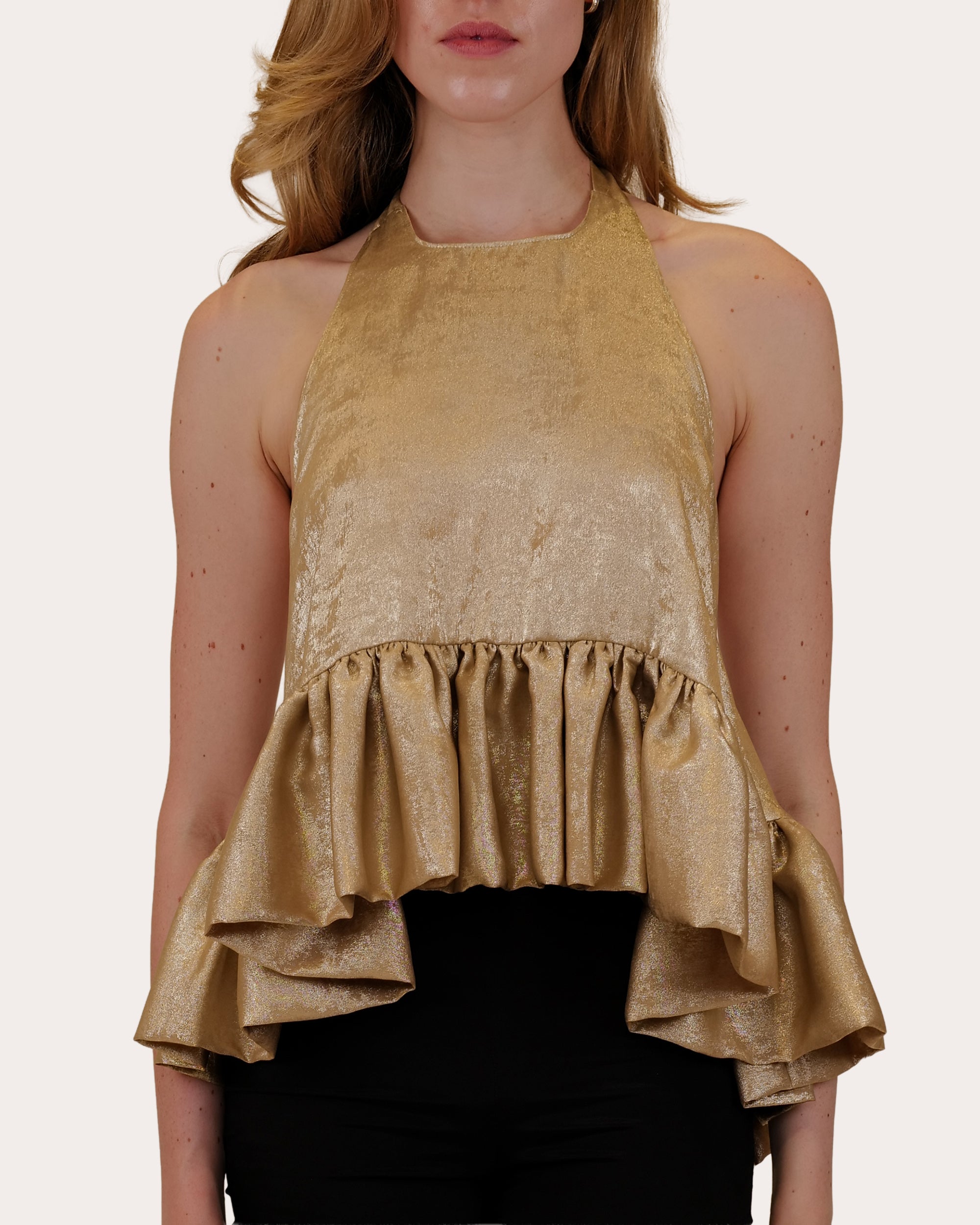 Winston Metallic Lamé Ruffle Halter Top